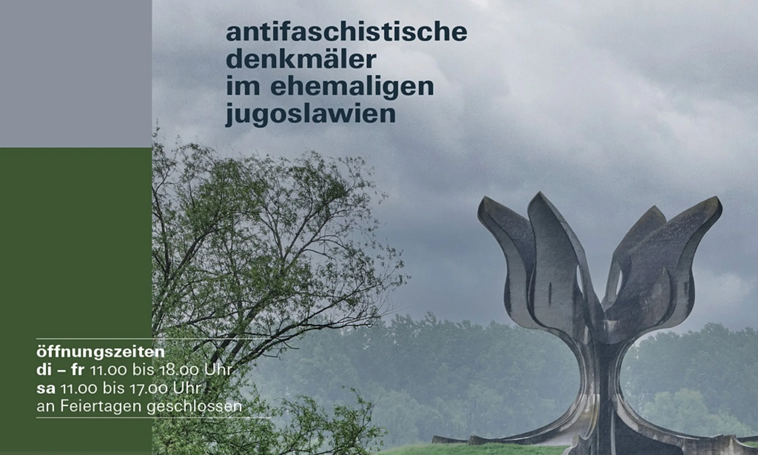 © Günter Richard Wett Plakat mit Abbildung eines antifaschistischen Denkmals aus Beton, in Landschaft eingebettet. Informationen zu Austellungsterminen.