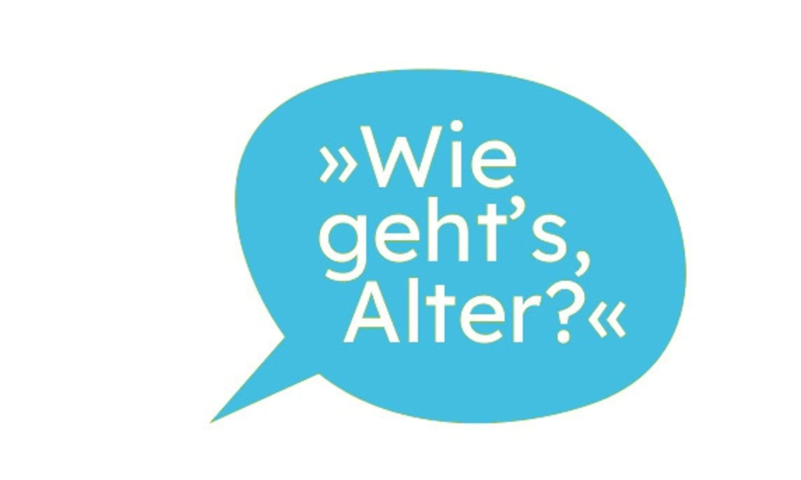 Türkise Sprachblase mit weißem Text "Wie geht's, Alter?"