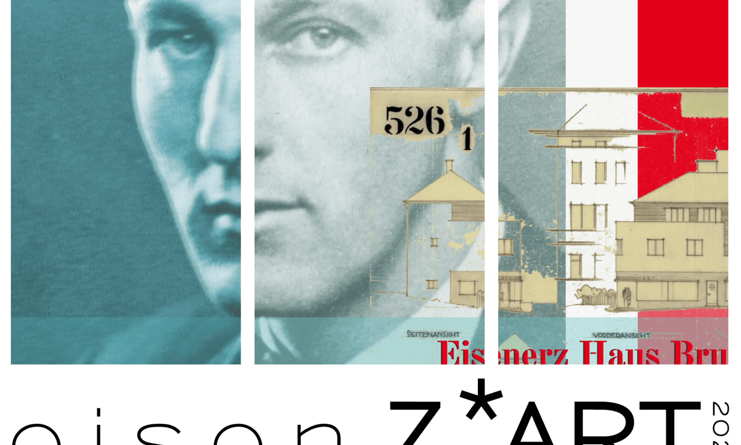 Grafik mit Portrait eines Mannes, überblendet mit Plänen eines Hauses
