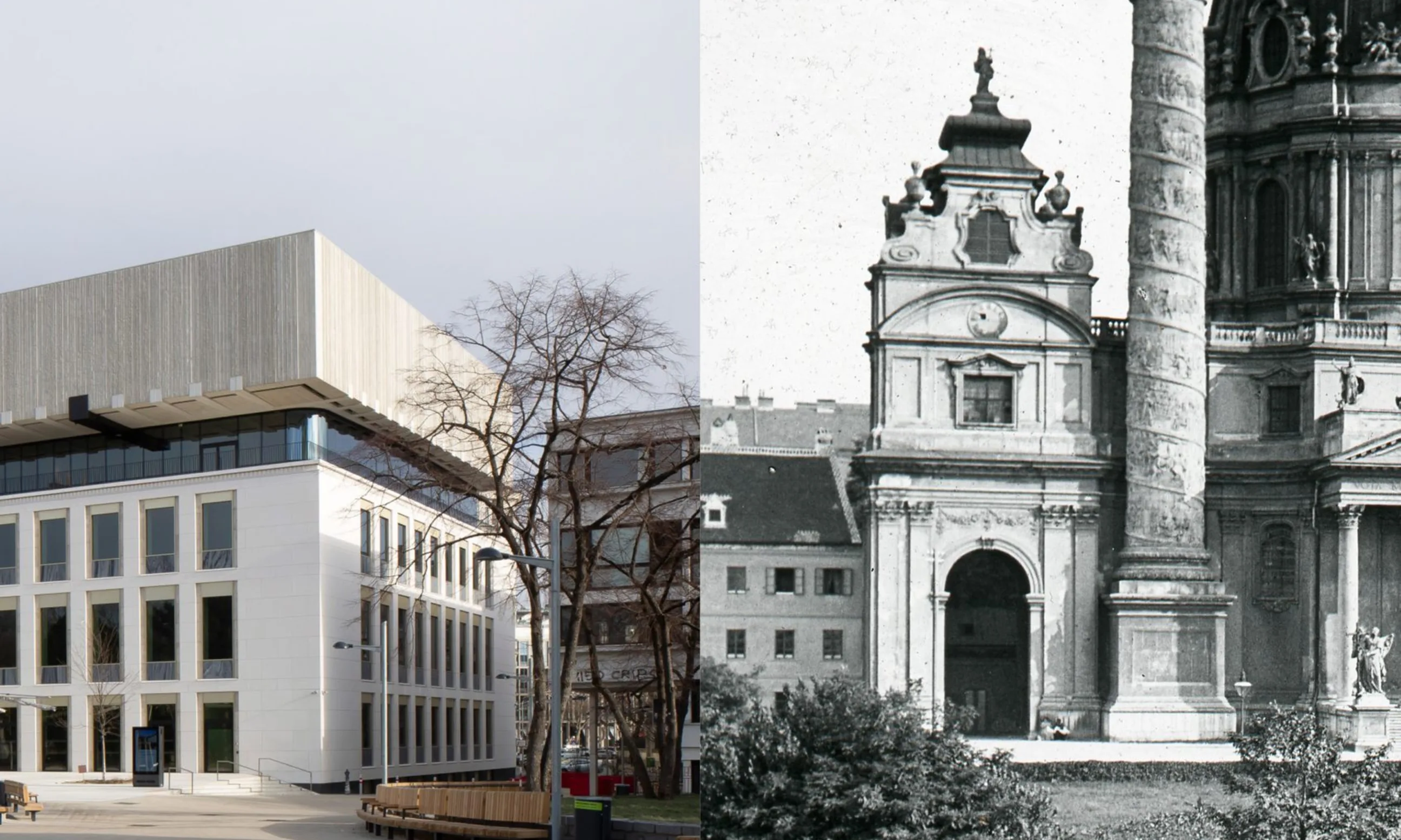 Zwei Bildhälften - links ein weißes zeitgenössisches Gebäude mit Vorplatz, rechts in schwarz-weiß eine barocke Kirche mit Vorplatz