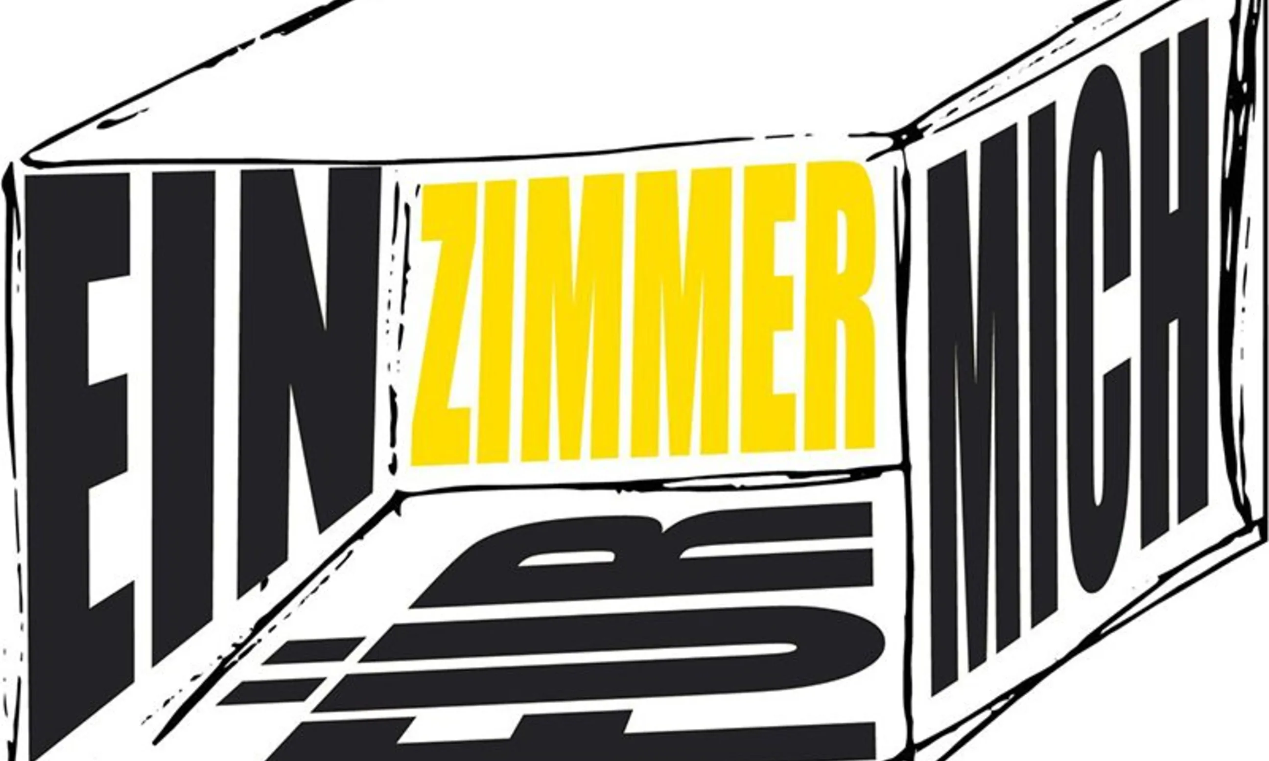 Einladung zur Ausstellung, schwarzer und gelber Text auf weißem Hintergrund