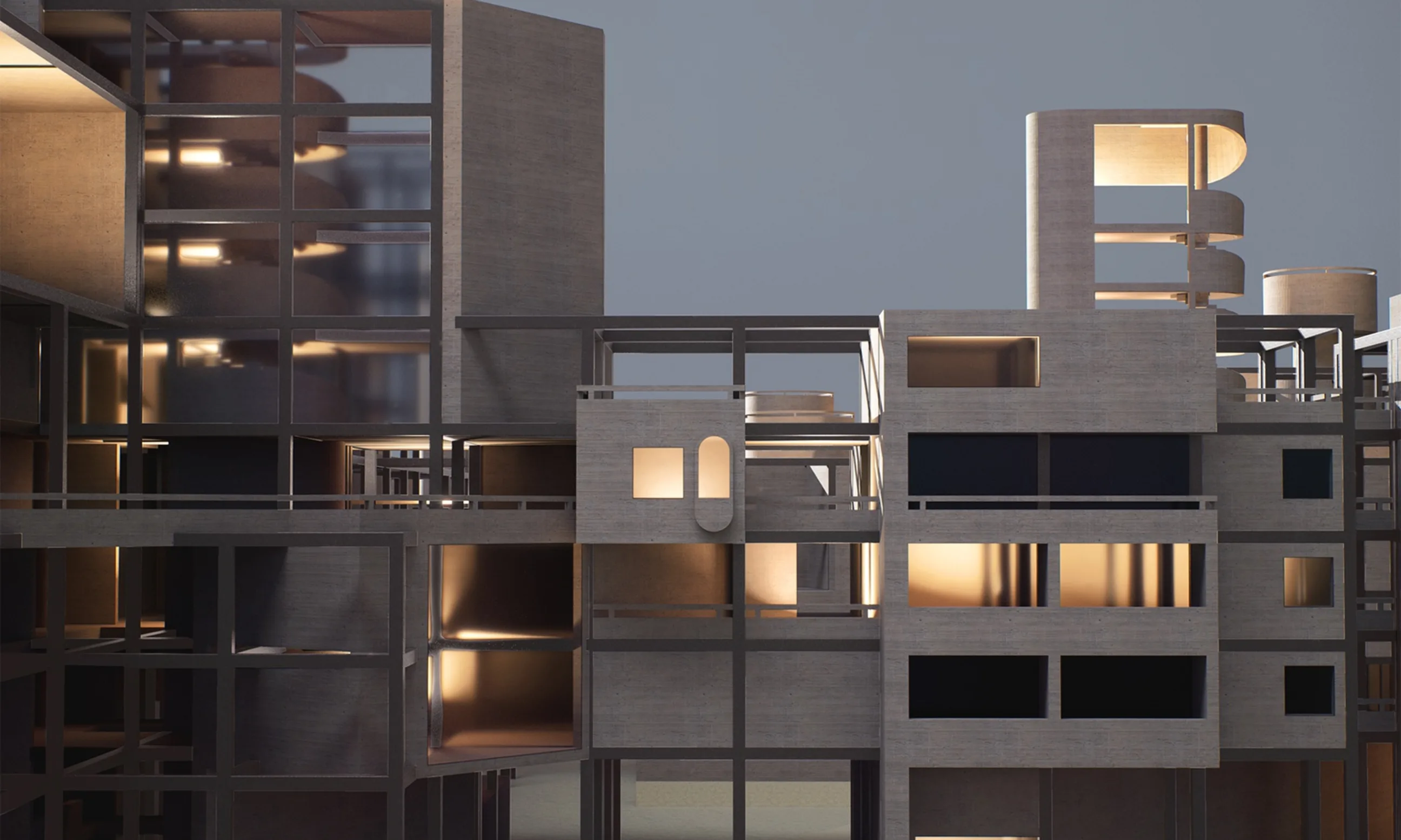 Architekturmodell aus weißem Material einer urbanen Struktur, Ansicht