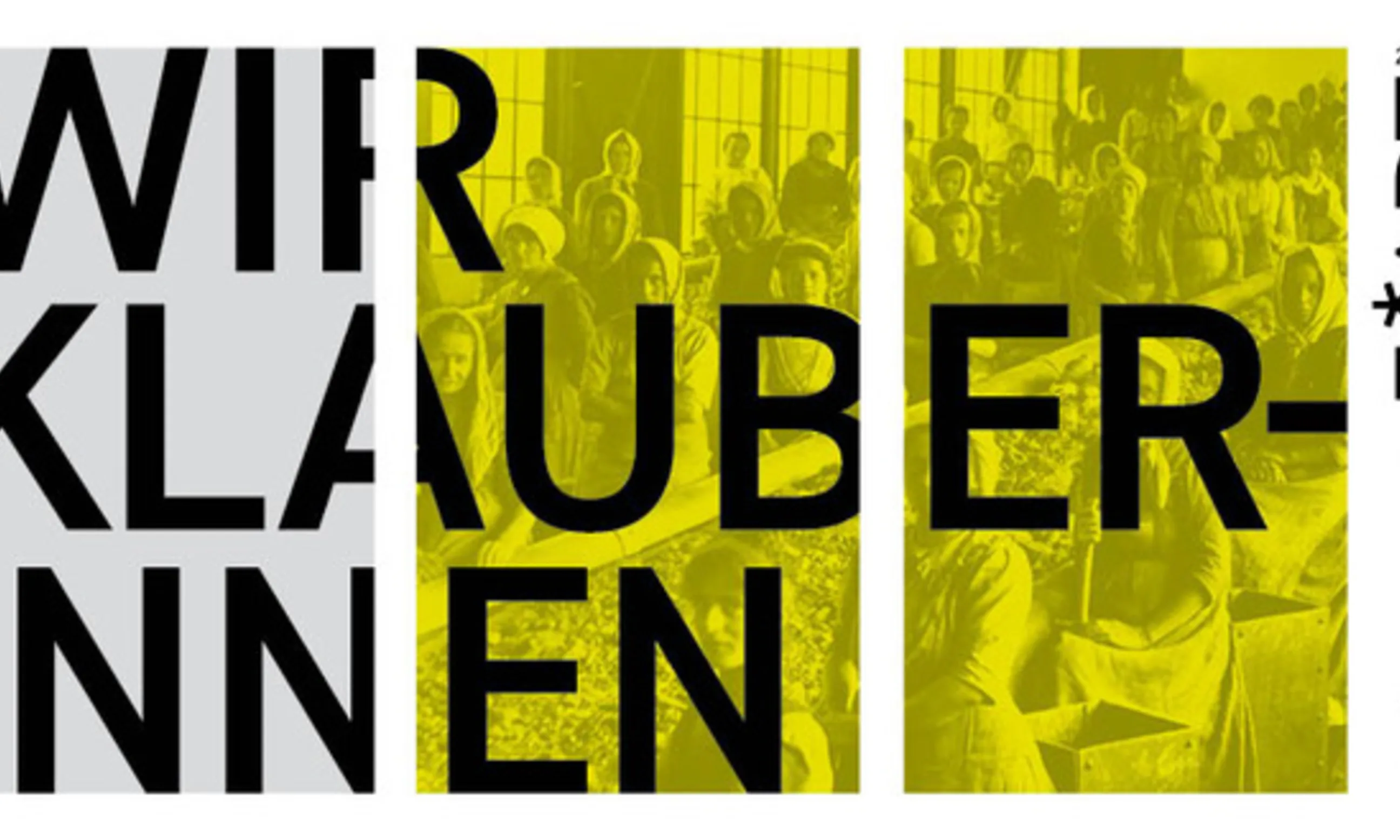 Text Mit Ausstellungstitel und Organisator, im Hintergrund ein Bild einer Gruppe von Frauen in einer Sortieranlage