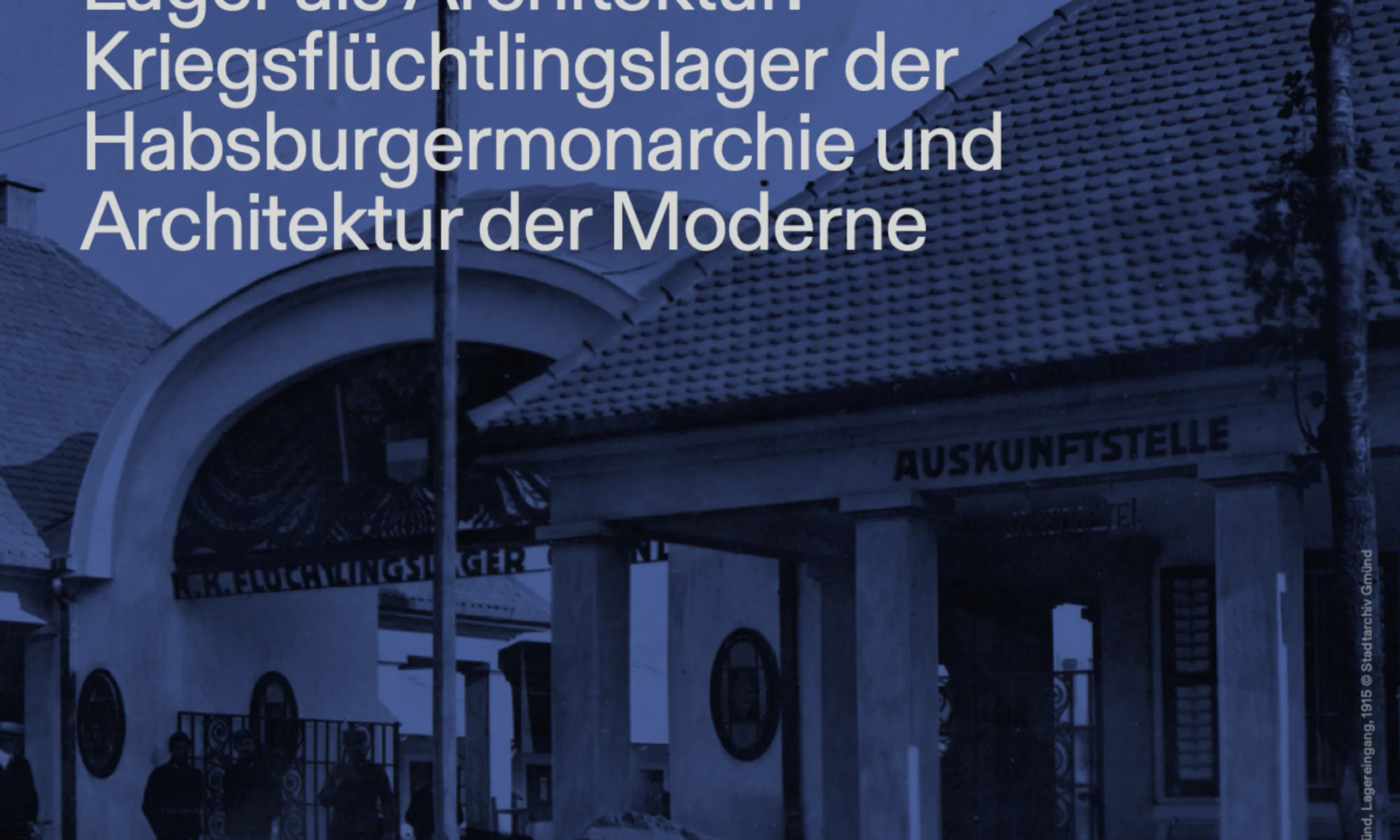 Veranstaltungsplakat - weiße Schrift auf blauem Hintergrund, im Hintergrund ein Photo eines Portals