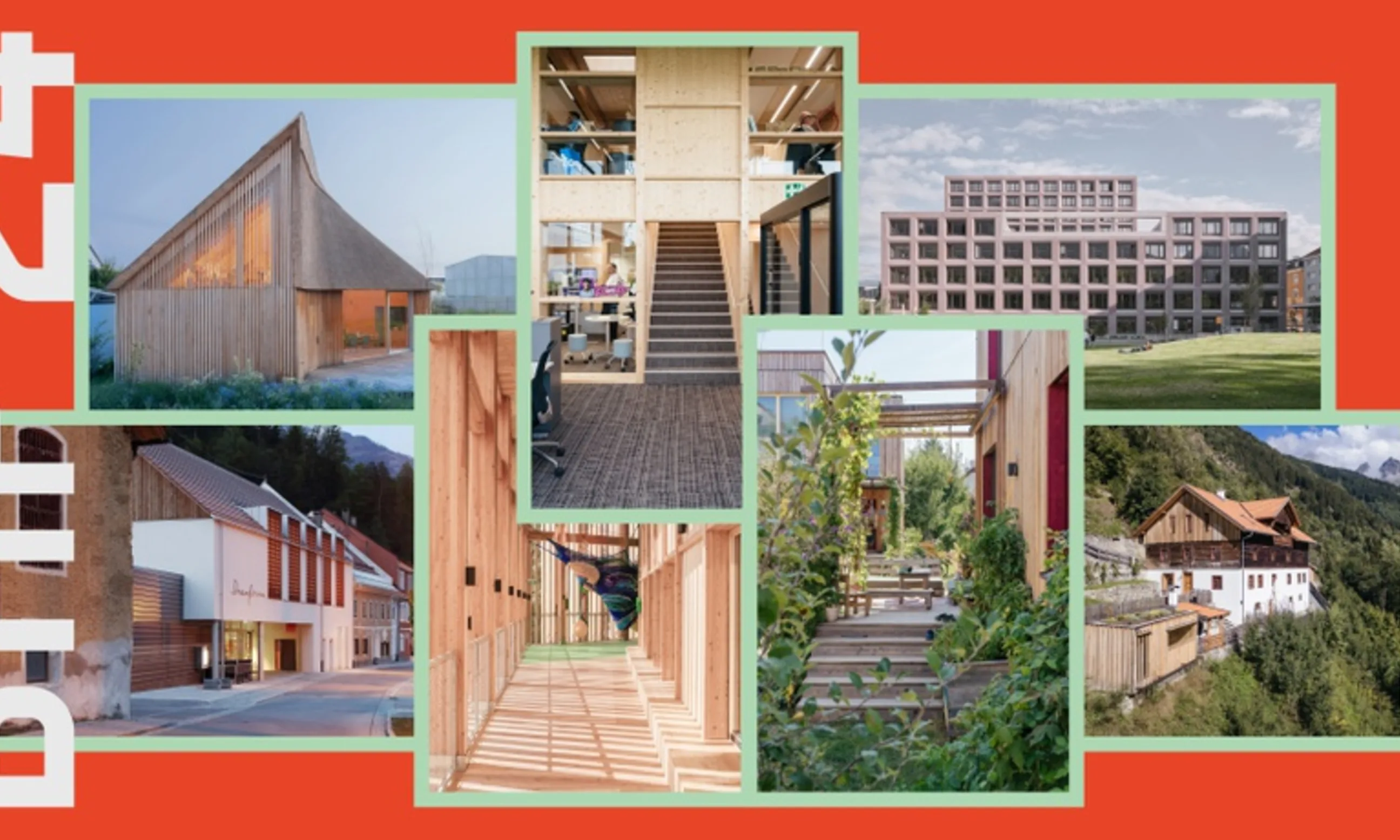 Collage von 7 Architekturbildern auf orangem Hintergrund