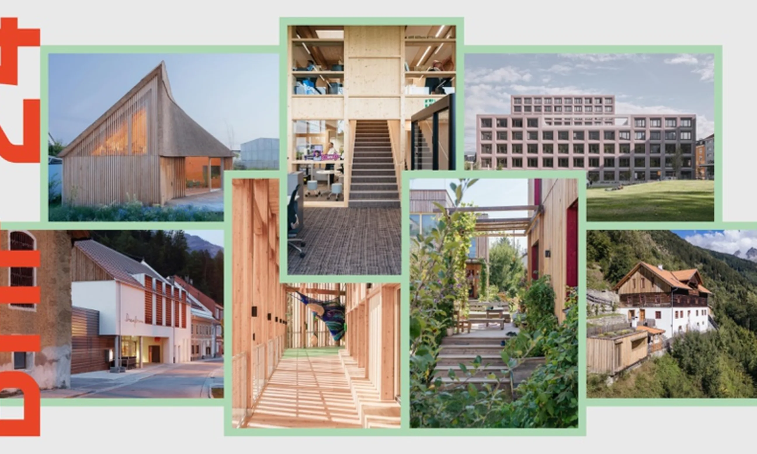 Collage von 7 Architekturbildern auf grauem Hintergrund
