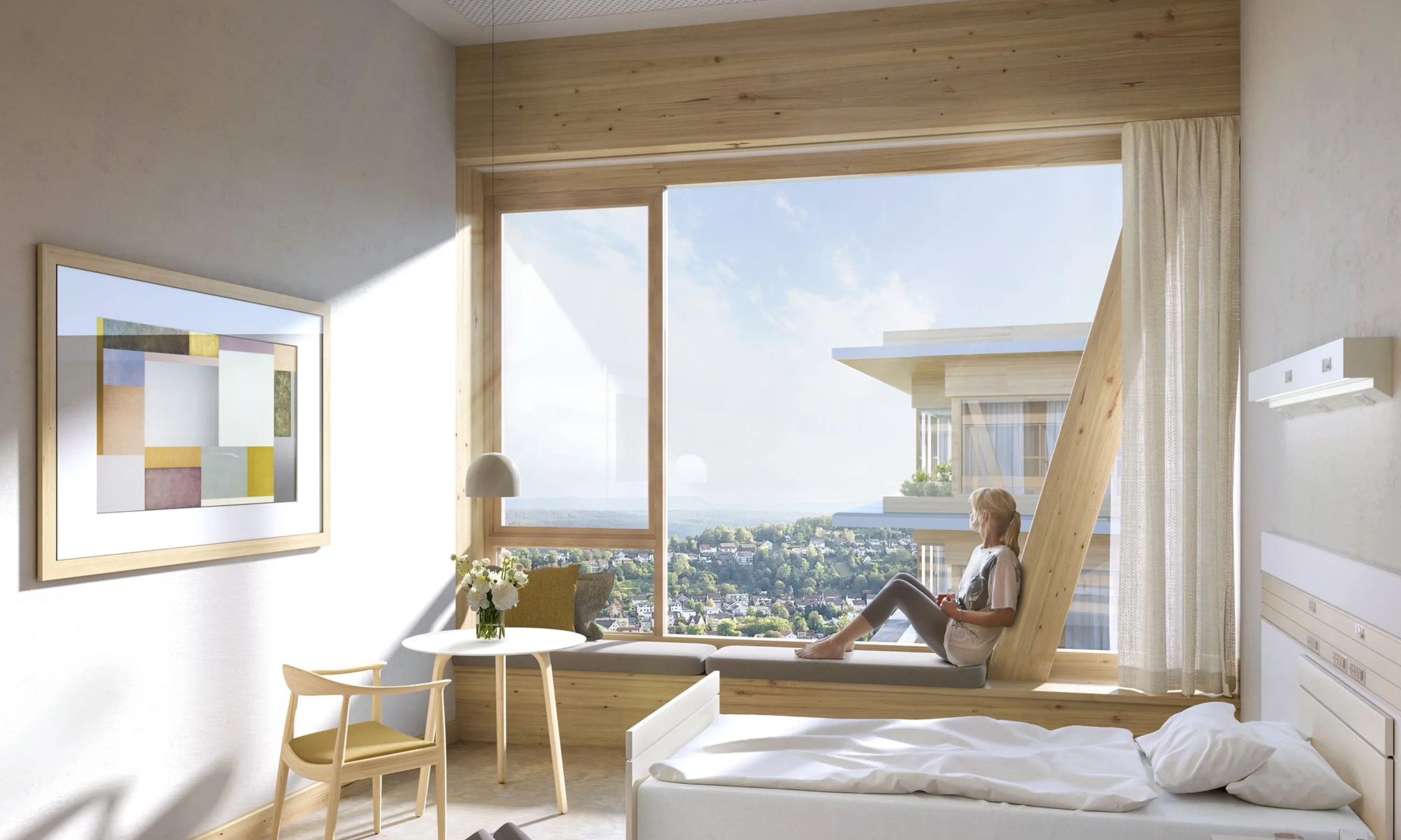 Visualisierung eines Krankenhauszimmers. Im Vordergrund ein Bett und ein Tisch mit Sessel, im Hintergrund ein großes Fenster mit einer auf der Sitzbank sitzenden Person