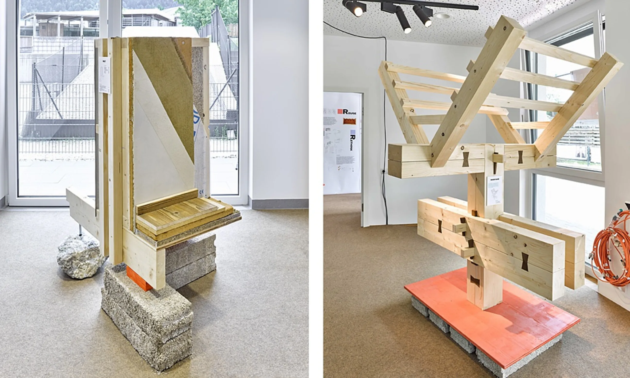 Zwei Architekturmodelle aus mehreren Materialien