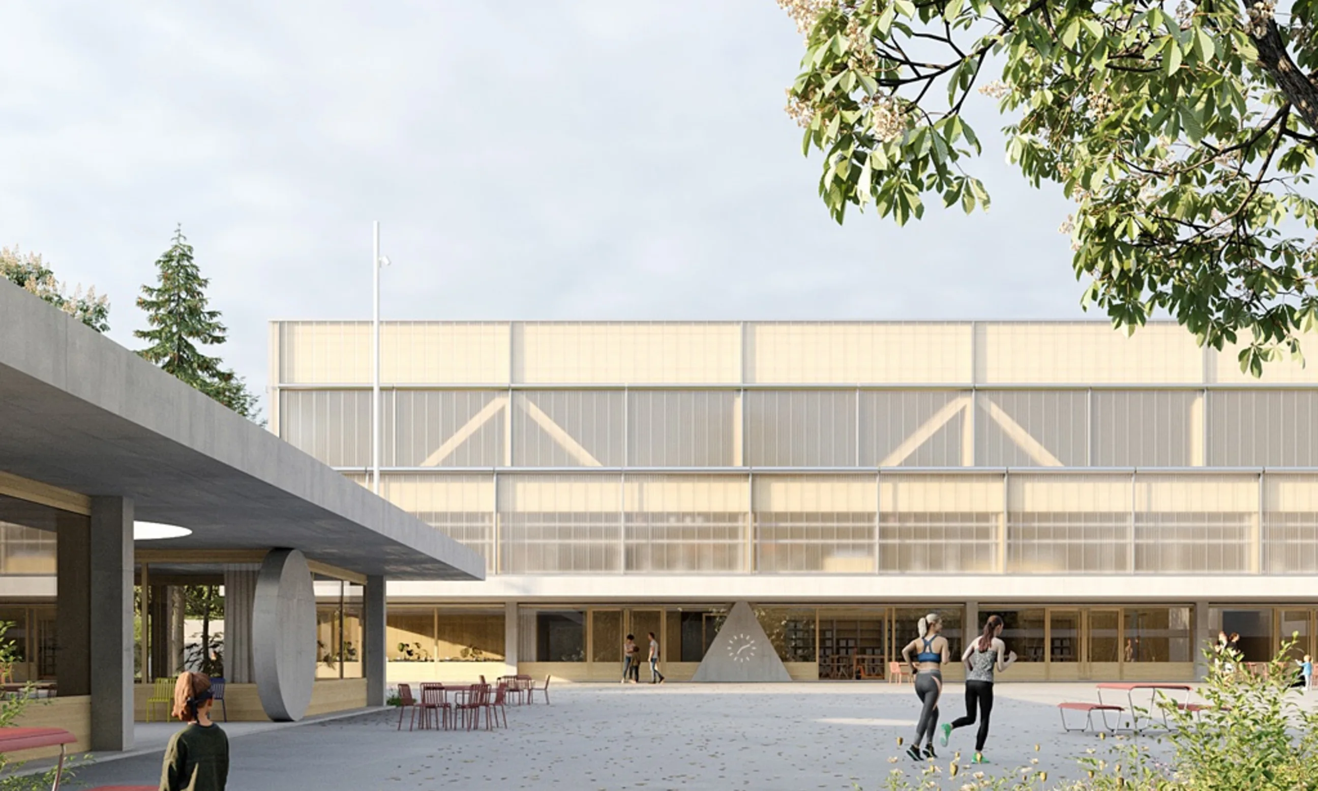 Visualisierung eines Platzes und im Hintergrund ein Gebäude mit prominentem Holzfachwerk