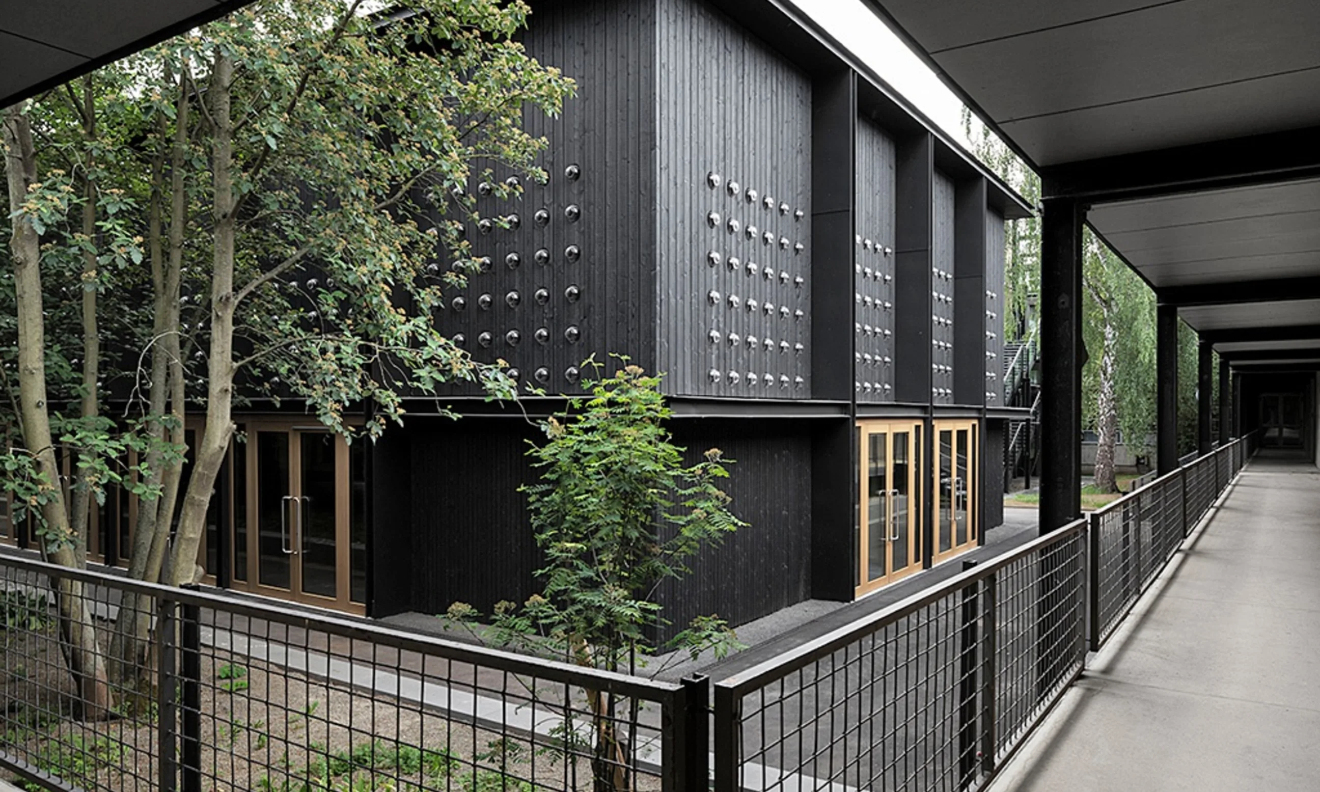 Ein schwarzes Gebäude mit Holzfassade, von Bäumen diverser Größen umgeben