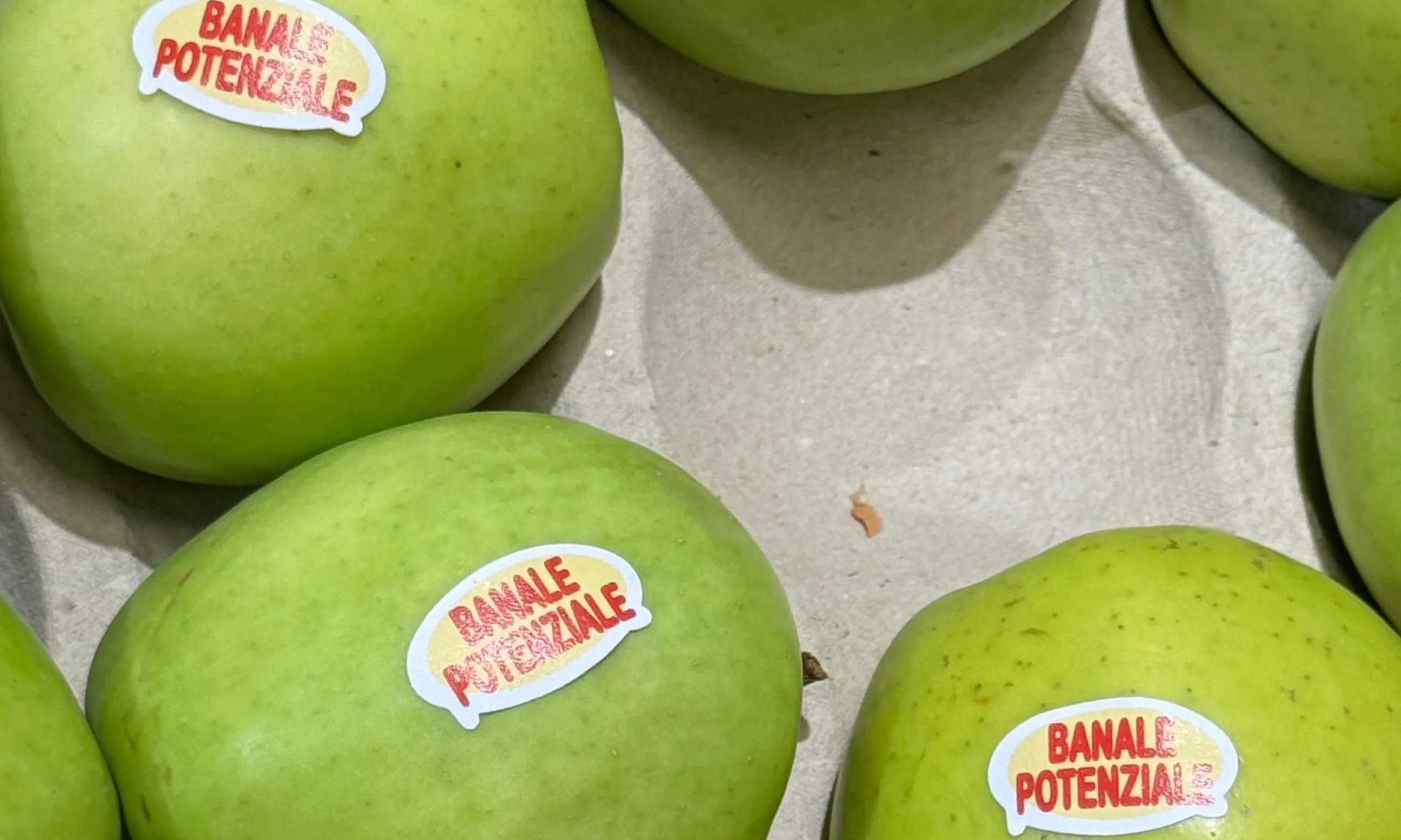 Eine Reihe gelegter Apfel mit einem gelb-roten Sticker mit der Aufschrift "banale potenziale"