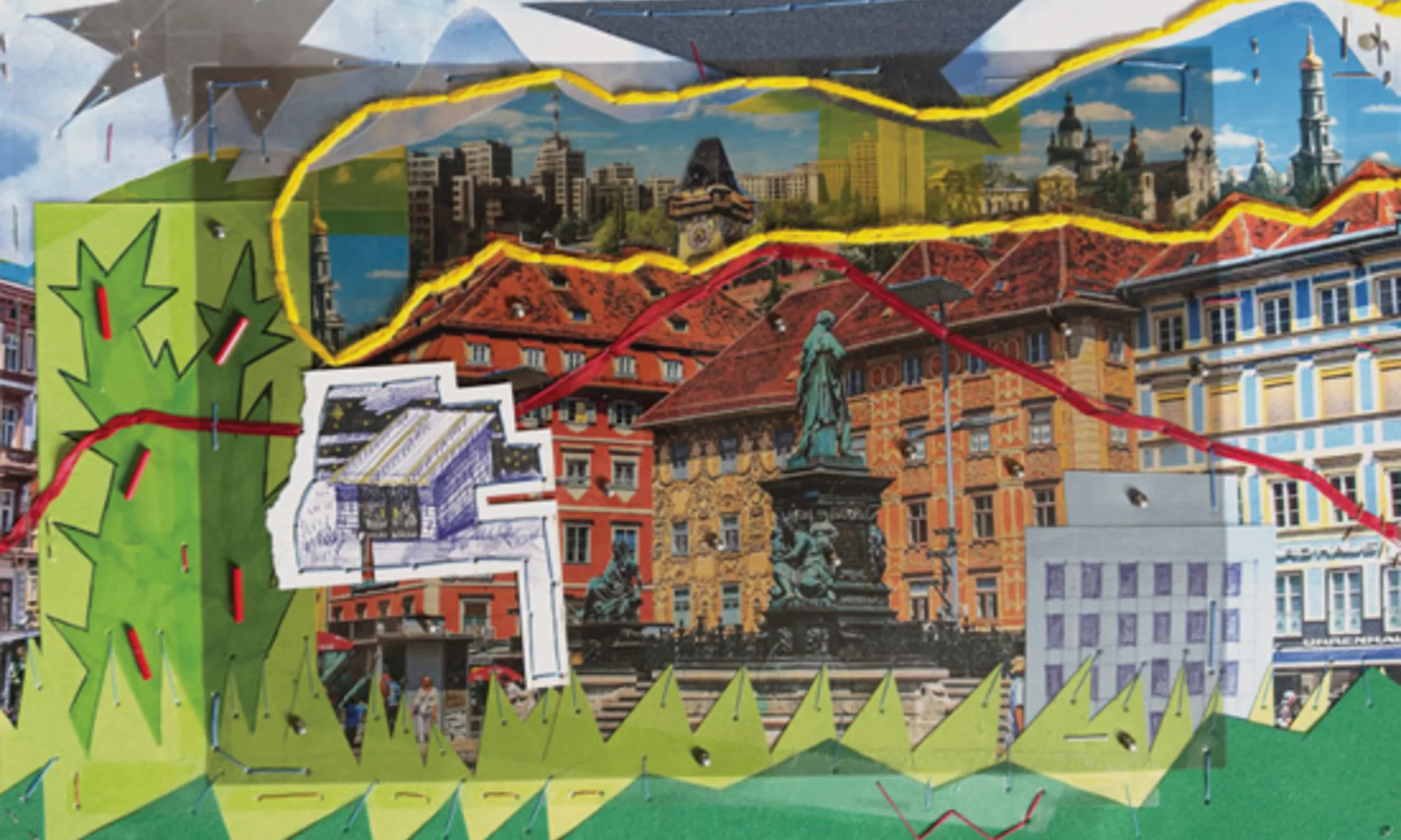 Collage aus Photographien und bunten Papierstücken