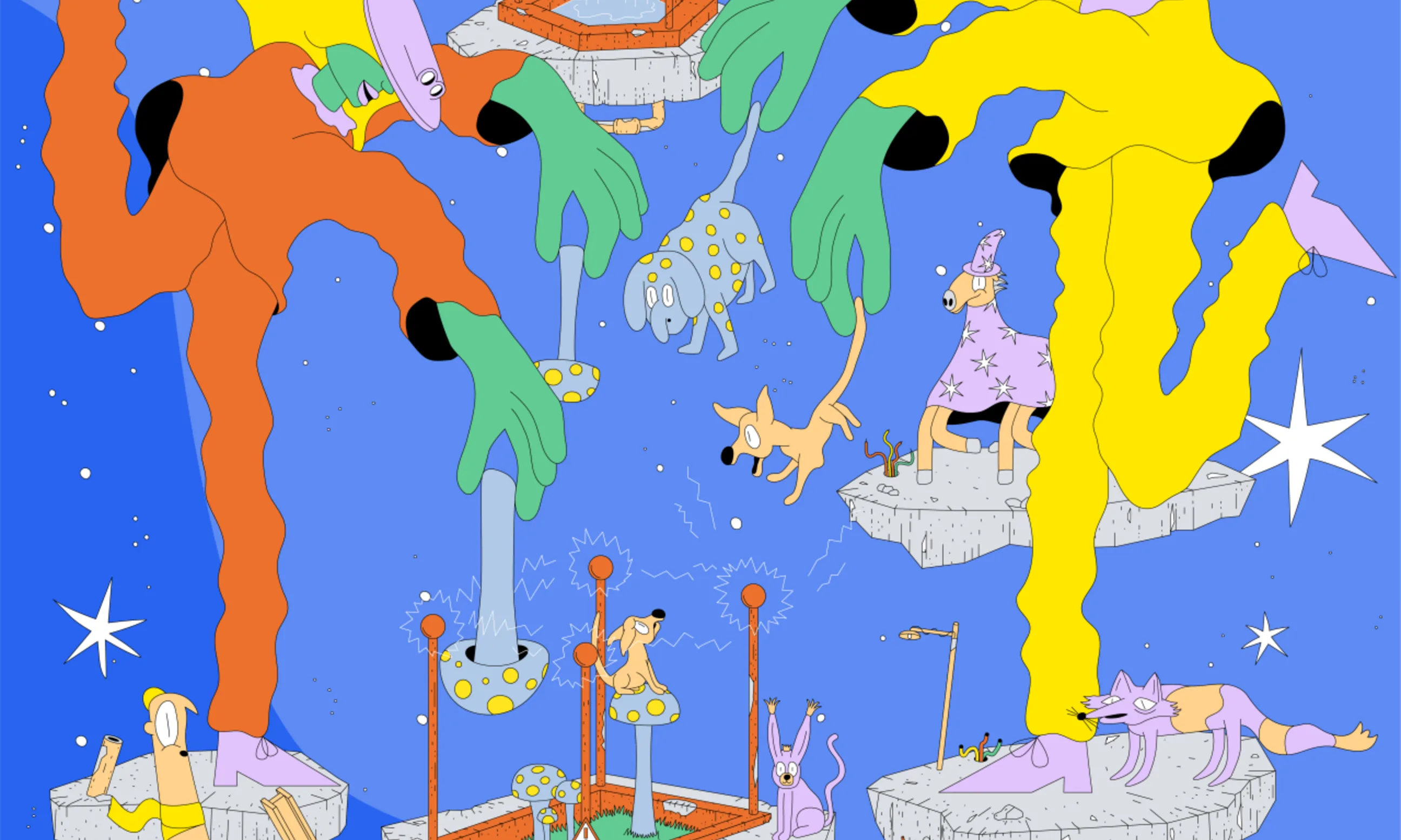 Sujet der Sparte Stadt & Raum im Forum Stadtpark, 2025. Illustration mit blauem Hintergrund