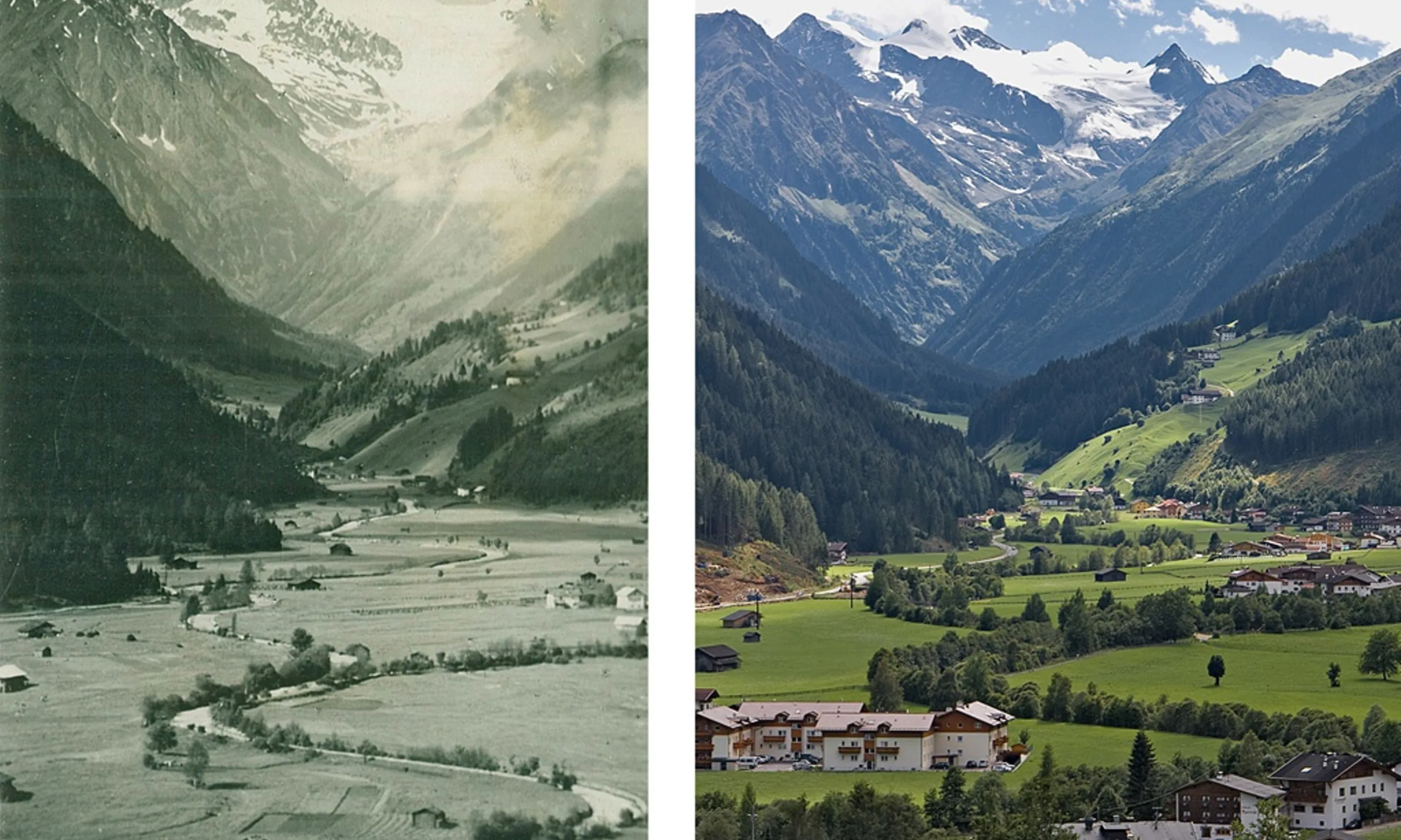 Gegenüberstellung zweier Bilder eines alpinen Tals