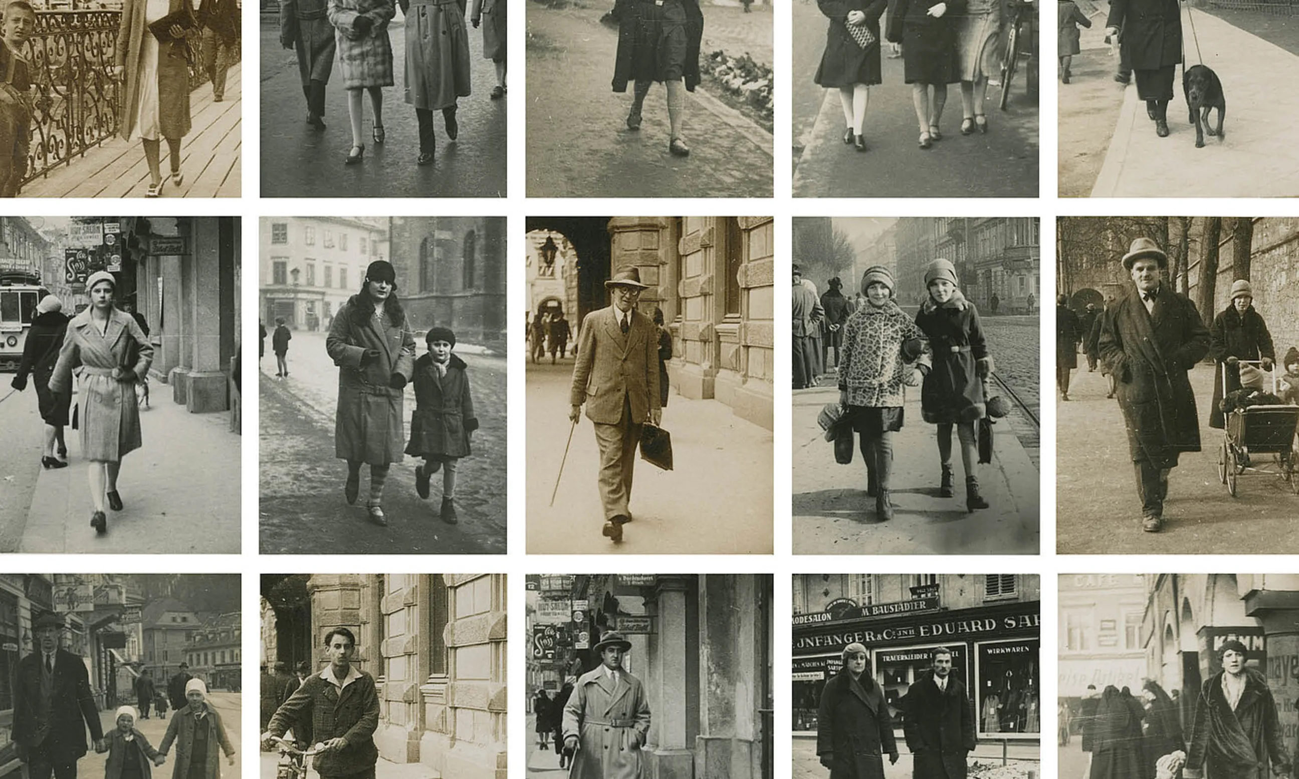 Collage historischer Photos im Hochformat von Menschen im öffentlichen Raum