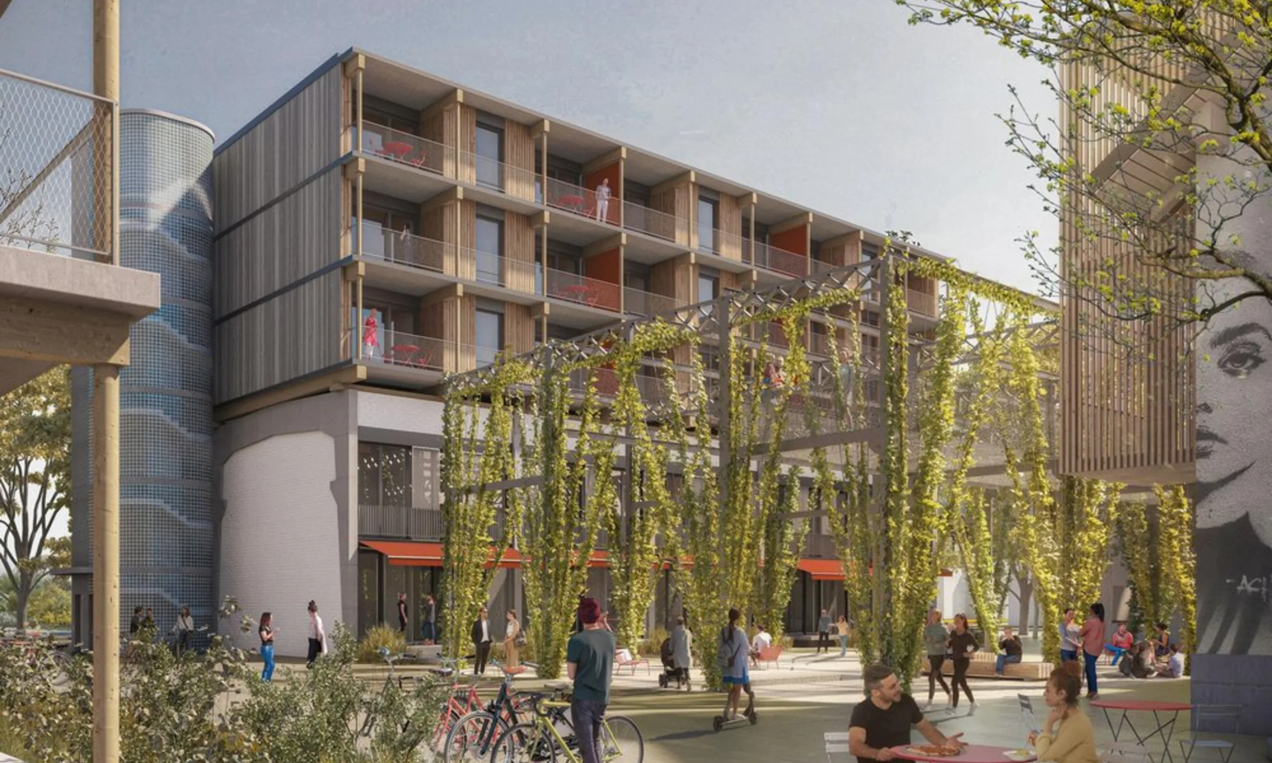 Visualisierung eines mehrgeschossigen Gebäudes aus Holz, im Vordergrund ein urbaner Platz