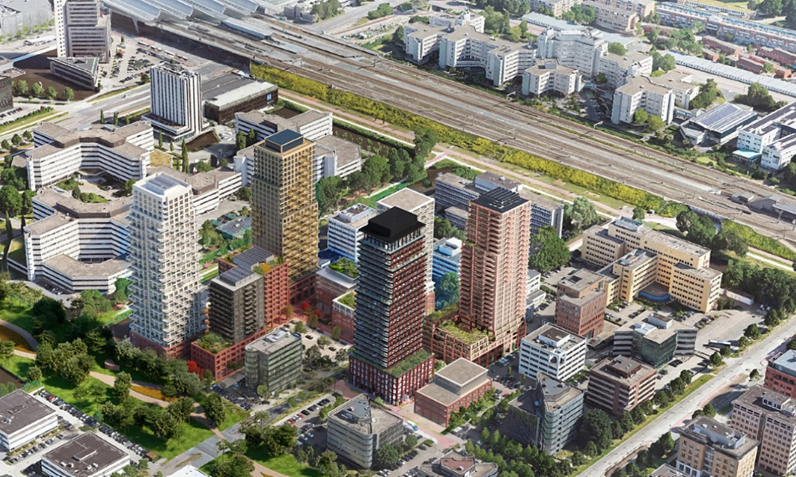 Rendering aus Vogelperspektive eines Stadtentwicklunggebietes mit mehreren Hochhäusern