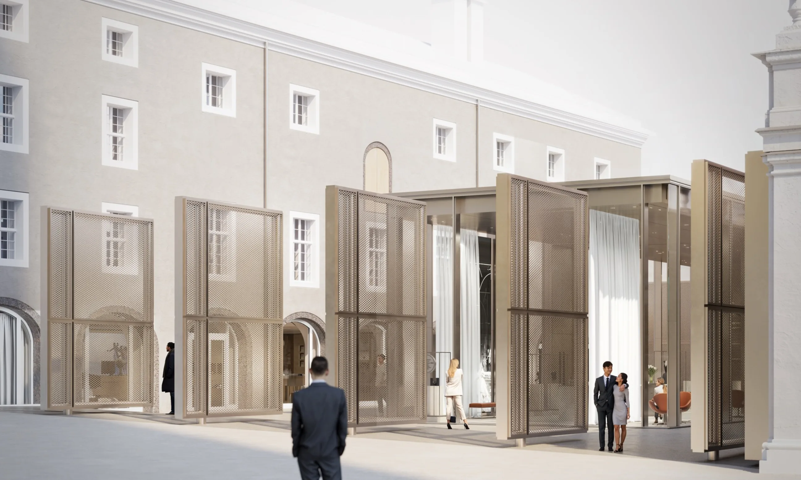 Rendering eines Pavillions in braunen Farben, im Hintergrund ein graues historisches Gebäude
