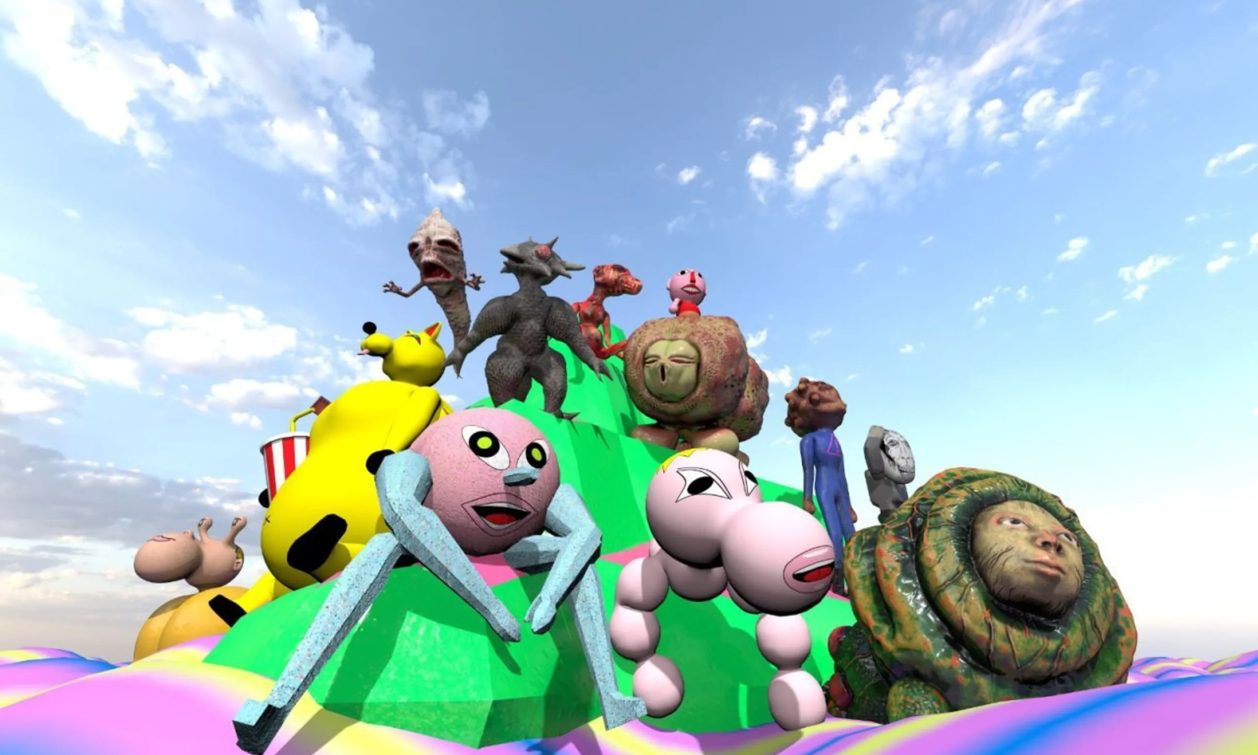 Eine bunte Animation mit 6 Figuren im Mittelpunkt