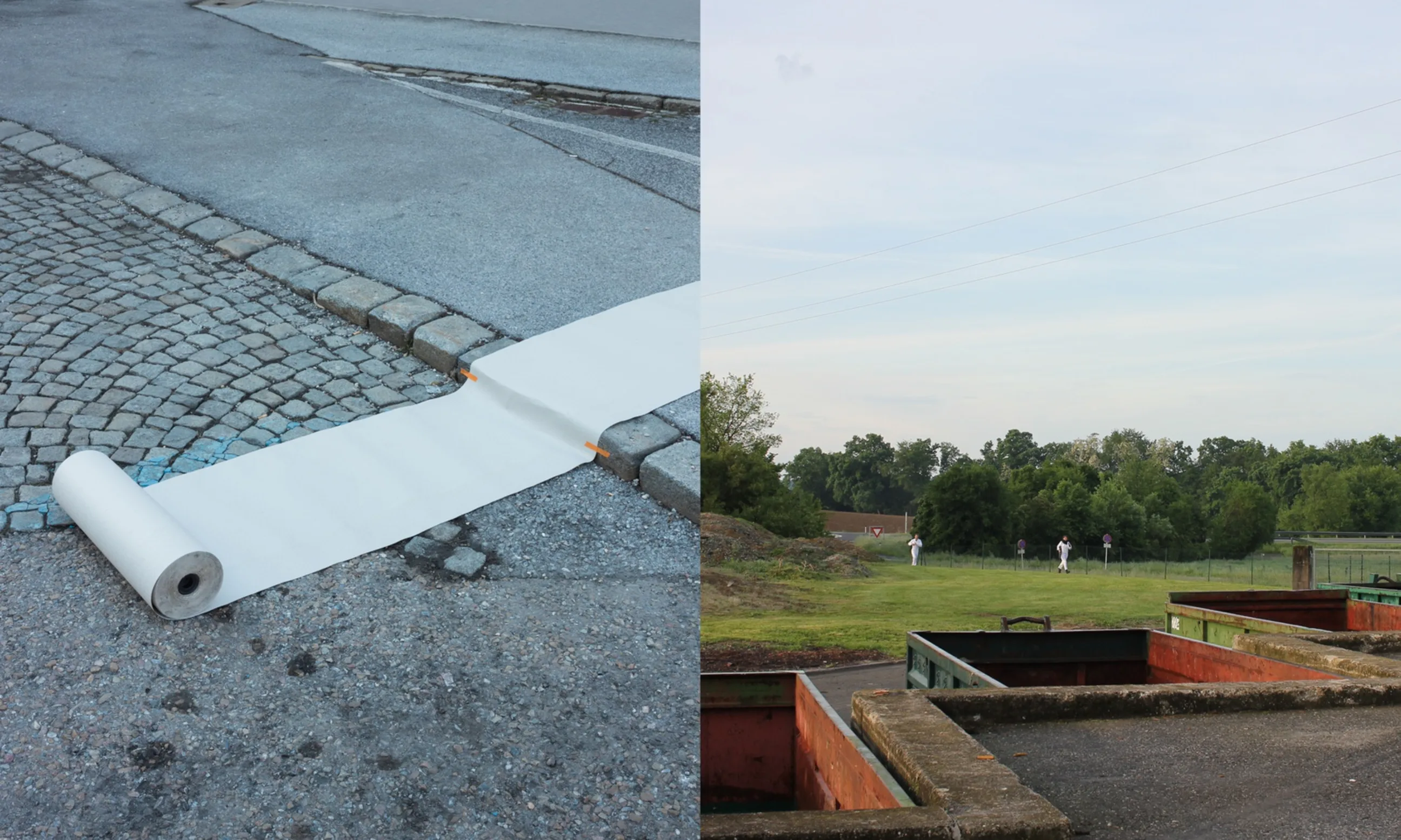 Eine Detailaufnahme des Straßenraumes links, eine Detailaufnahme einer Landschaft rechts