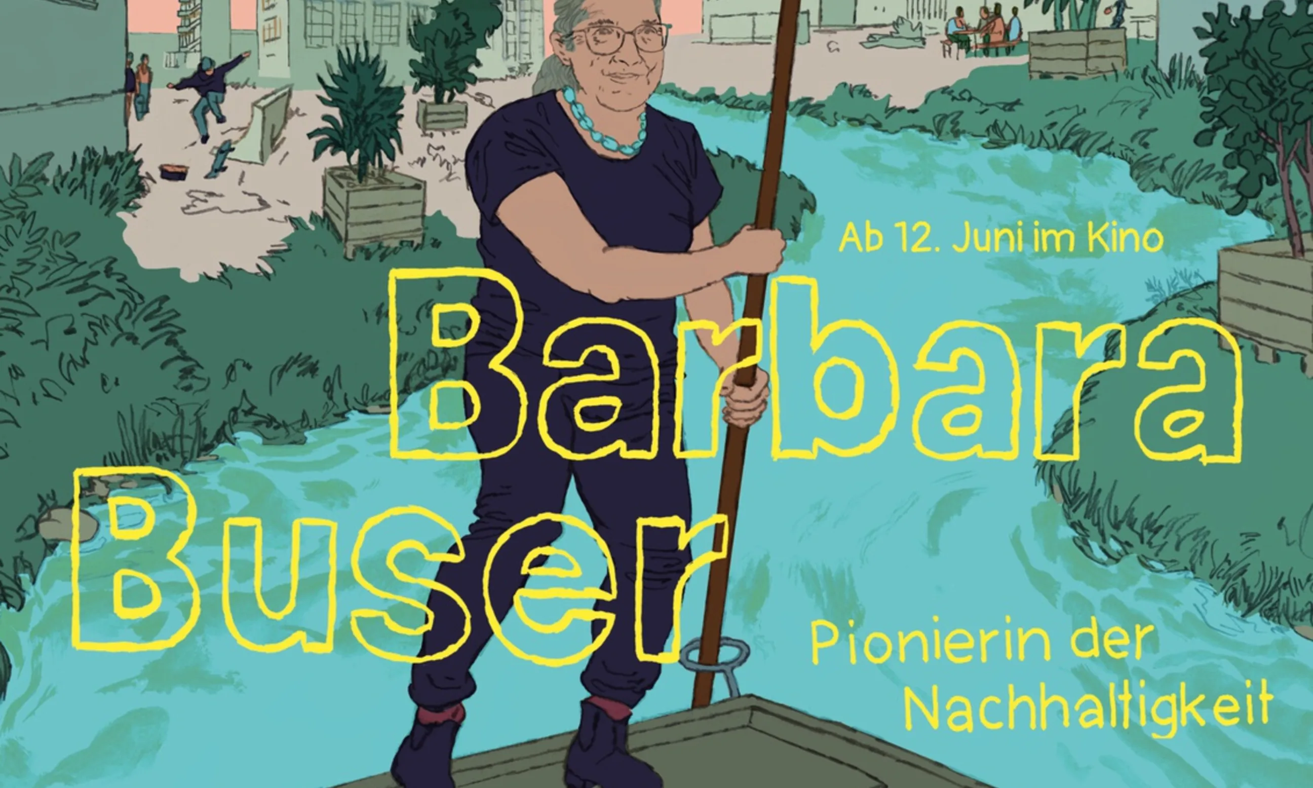 Filmplakat, Zeichnung einer Frau auf einem Floß, im Hintergrund eine Stadtkulisse