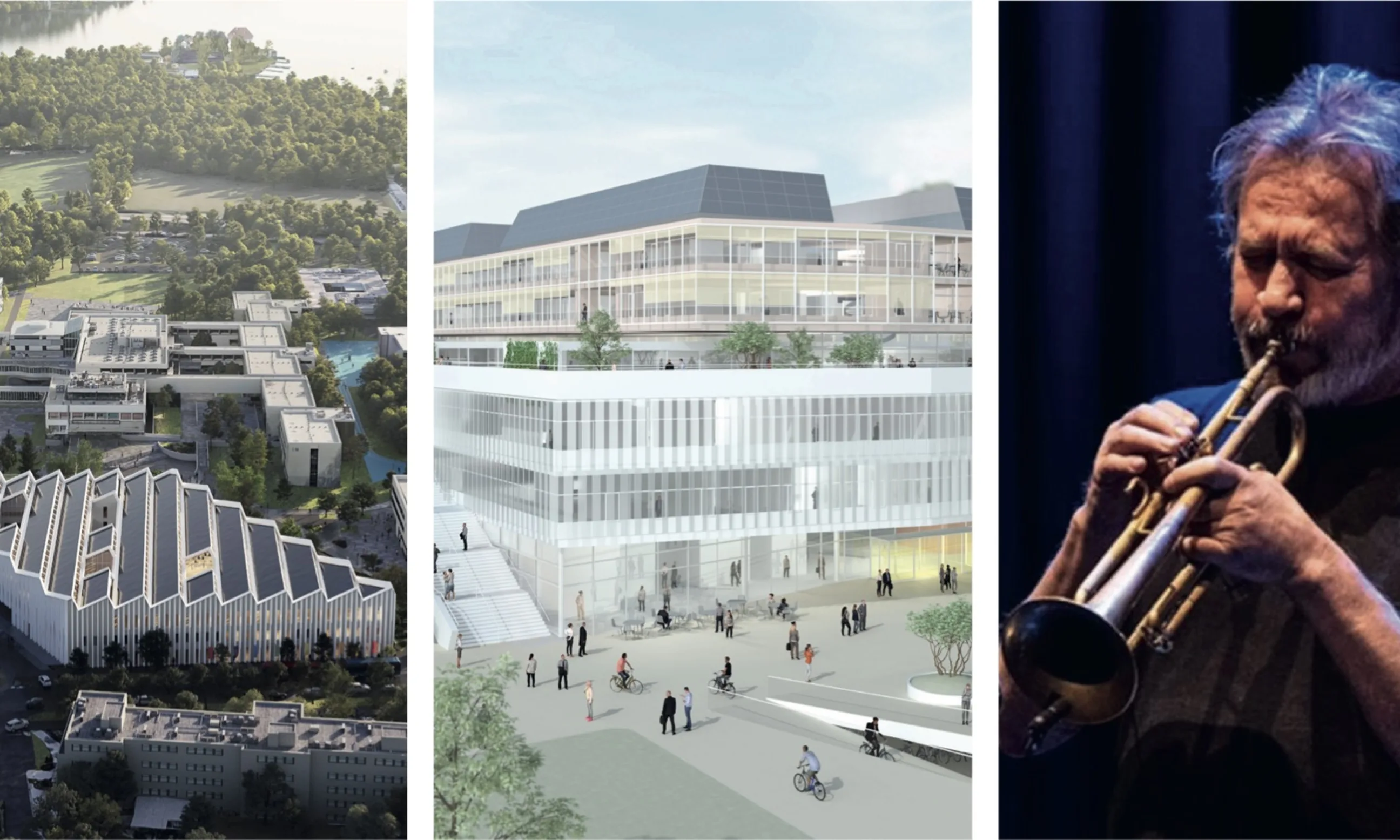 Collage von drei Photos; zwei Visualisierungen von Gebäude und ein Porträt eines Musikers