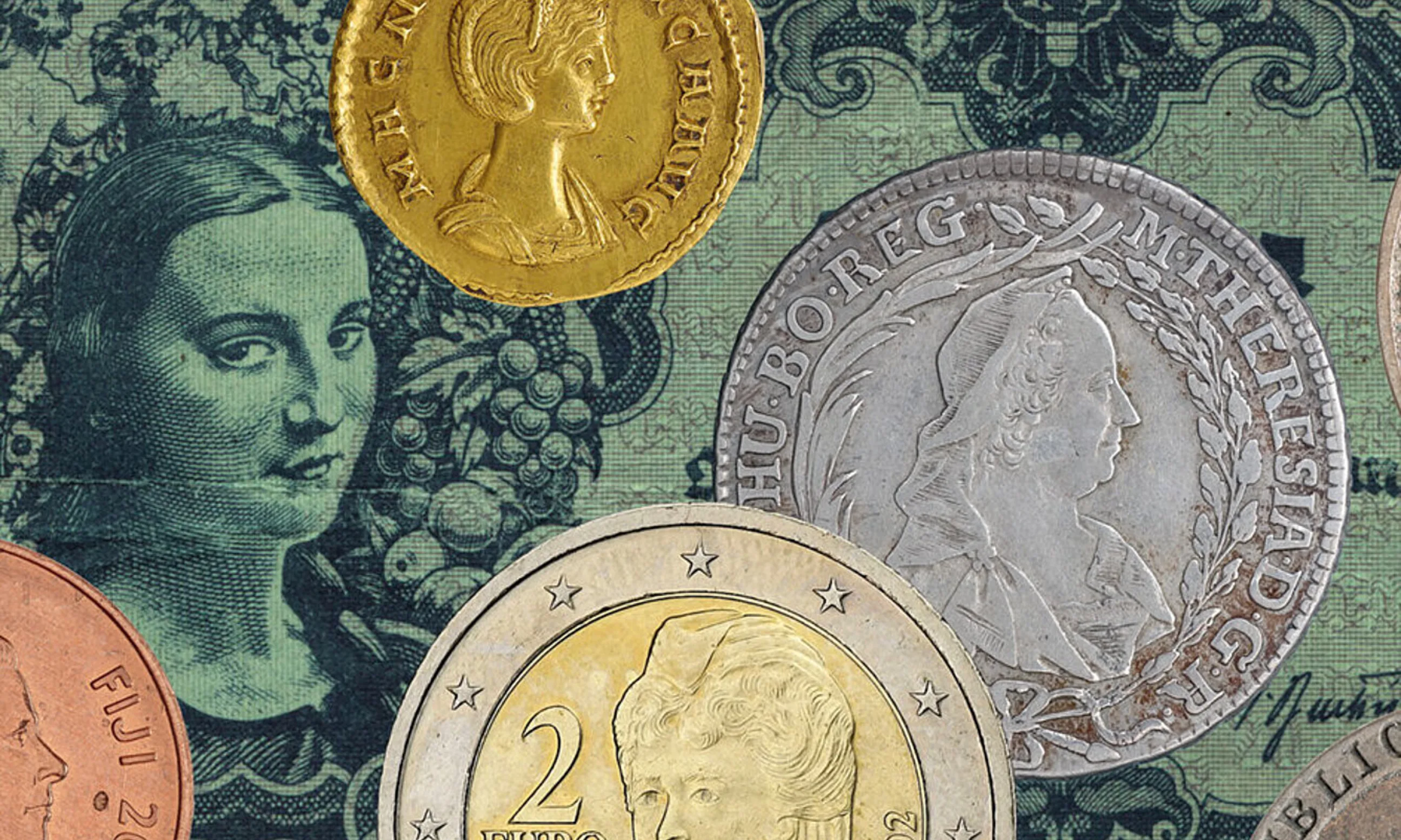 Collage aus Münzen und einer Banknote aus der Sammlung des Münzkabinetts