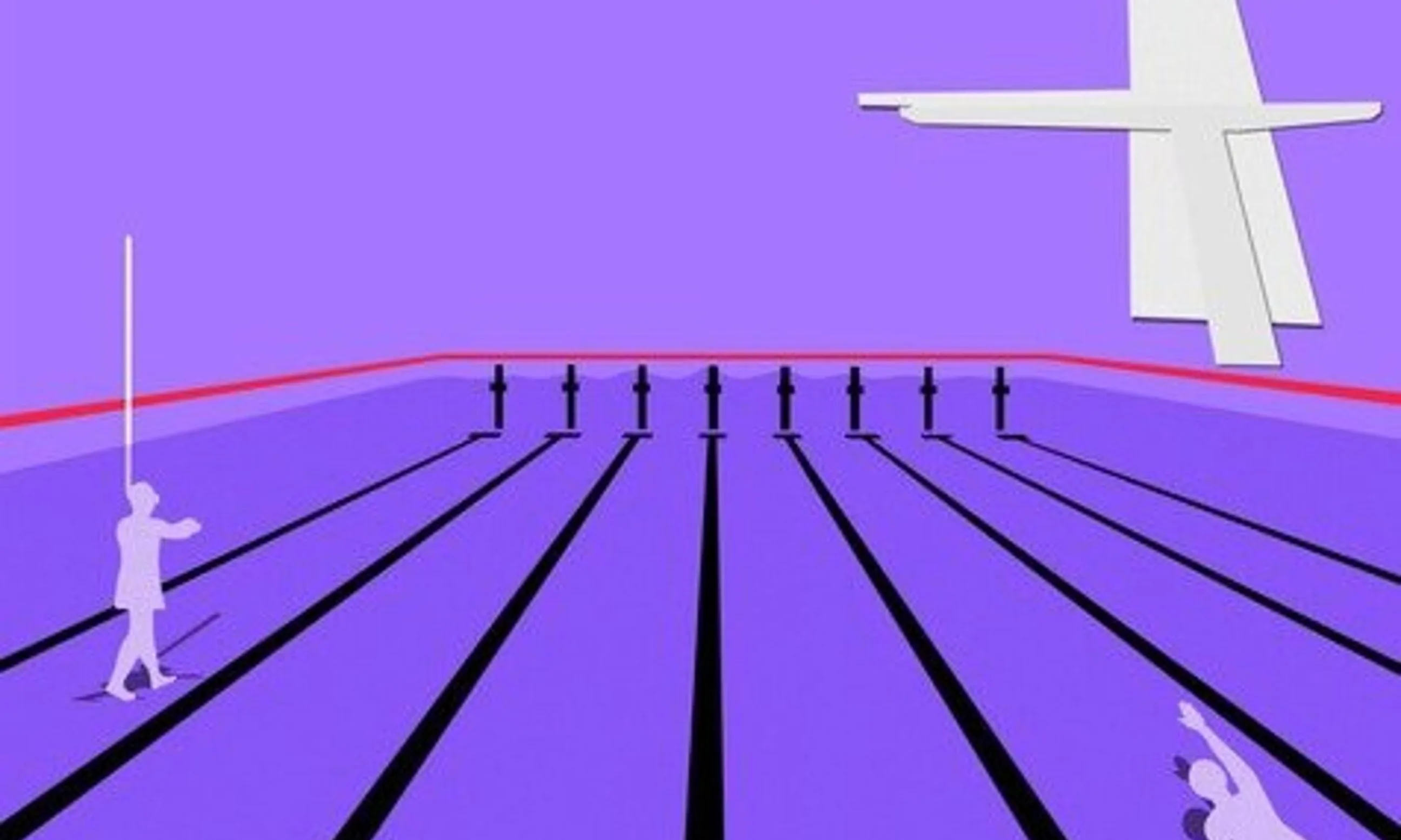 Eine Illustration eines Schwimmbeckens mit zwei Personen darin und einem Springturm im Hintergrund